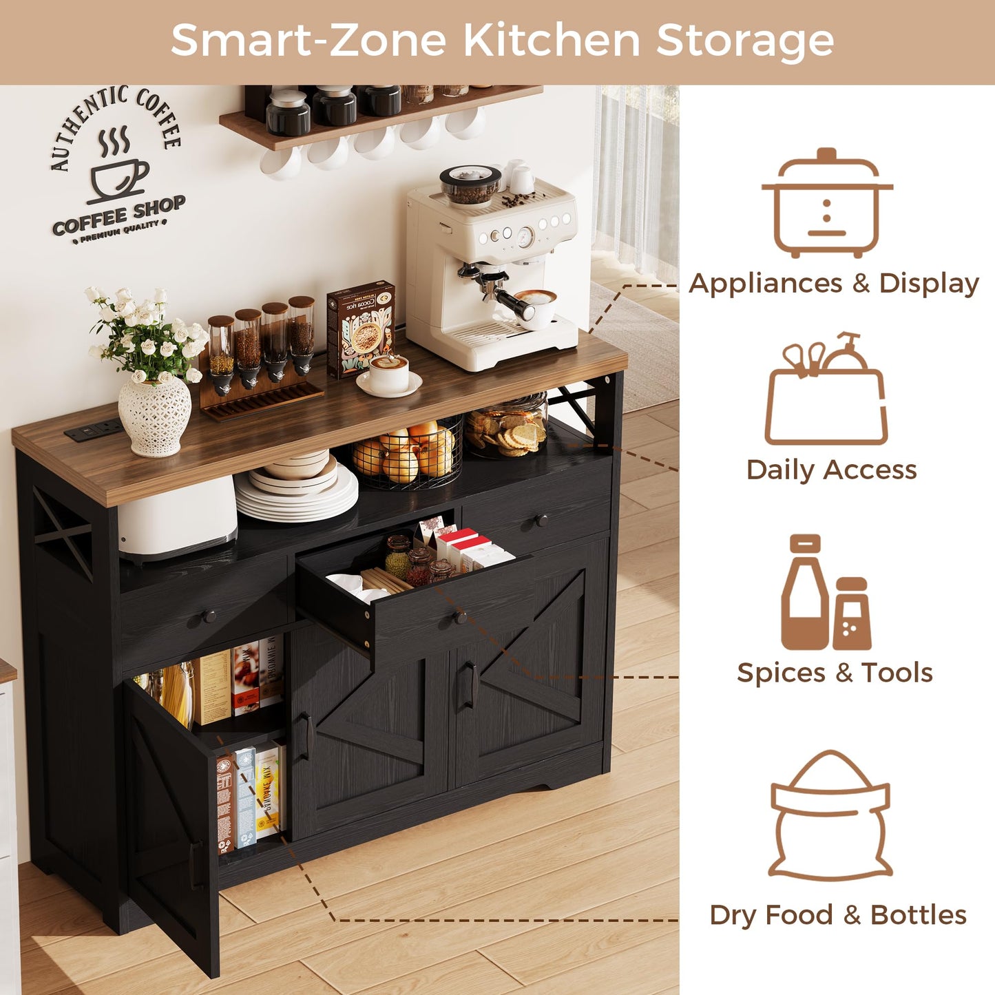 IRONCK Sideboard Kitchen Cabinet with Power Outlets, 107x35x95cm, Black