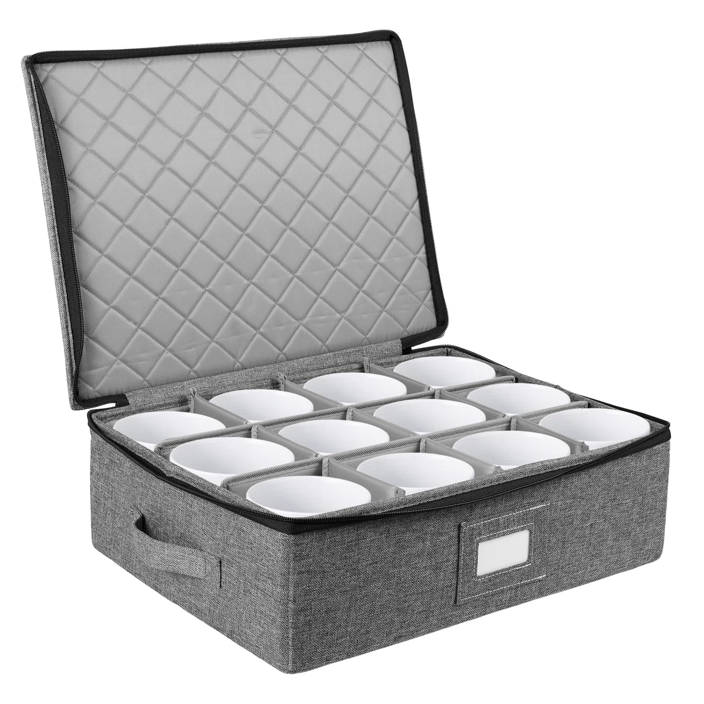GWCYMYD Cup and Mug Storage Box with Dividers, Foldable Tea Cup Storage Box with Handles and Zipper Lid, Holds 12 Glassware Cups for Moving, Packing