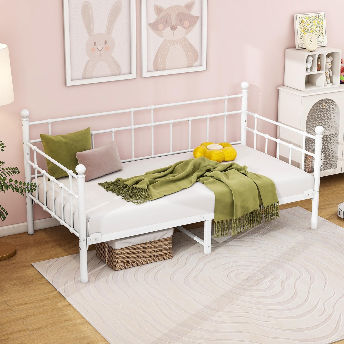 HOMERECOMMEND Single Daybed Frame 3ft Sofa Bed Steel Slats Platform,White