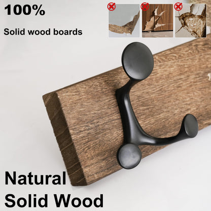 HONSKY Wall Mounted Coat Rack, 43cm Paulownia Wood Backboard, 3 Sturdy Black Aluminium Alloy Triple Hooks 9 Hanging Points