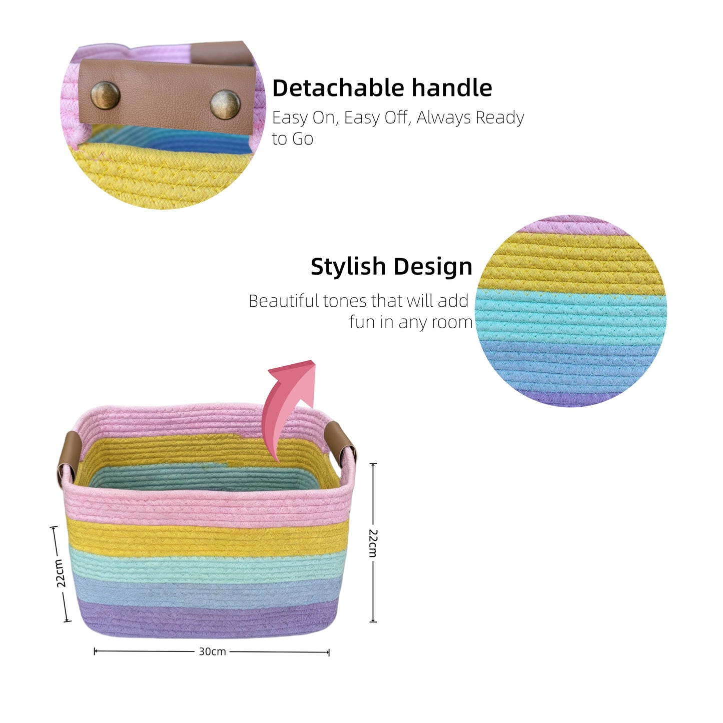 Uwenkjie 2-Pack Large Storage Baskets, Cotton Rope Woven Basket with Detachable Leather Handles, Foldable Home Organiser Bin for Toys, Clothes