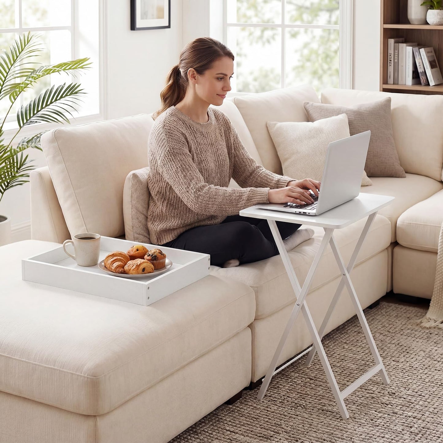 HOOBRO Folding TV Tray Table for Eating, Snack Dinner Side Table with Removable Serving Tray, Foldable Bedside Occasional Coffee Table
