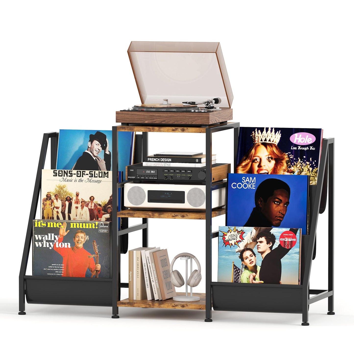 CAIYUN Record Player Stand Storage with 3-Tier and Fabric Drawer, Turntable Table Holds Up to 280 Albums, Cabinet CD Rack for Living Room