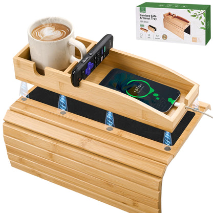 Joy&Grace Couch Cup Holder, 3-in-1 Magnetic Detachable Couch Arm Tray, Bamboo Sofa Armrest Table with Anti-Slip Pad, Sofa Armrest Tray Table Natural