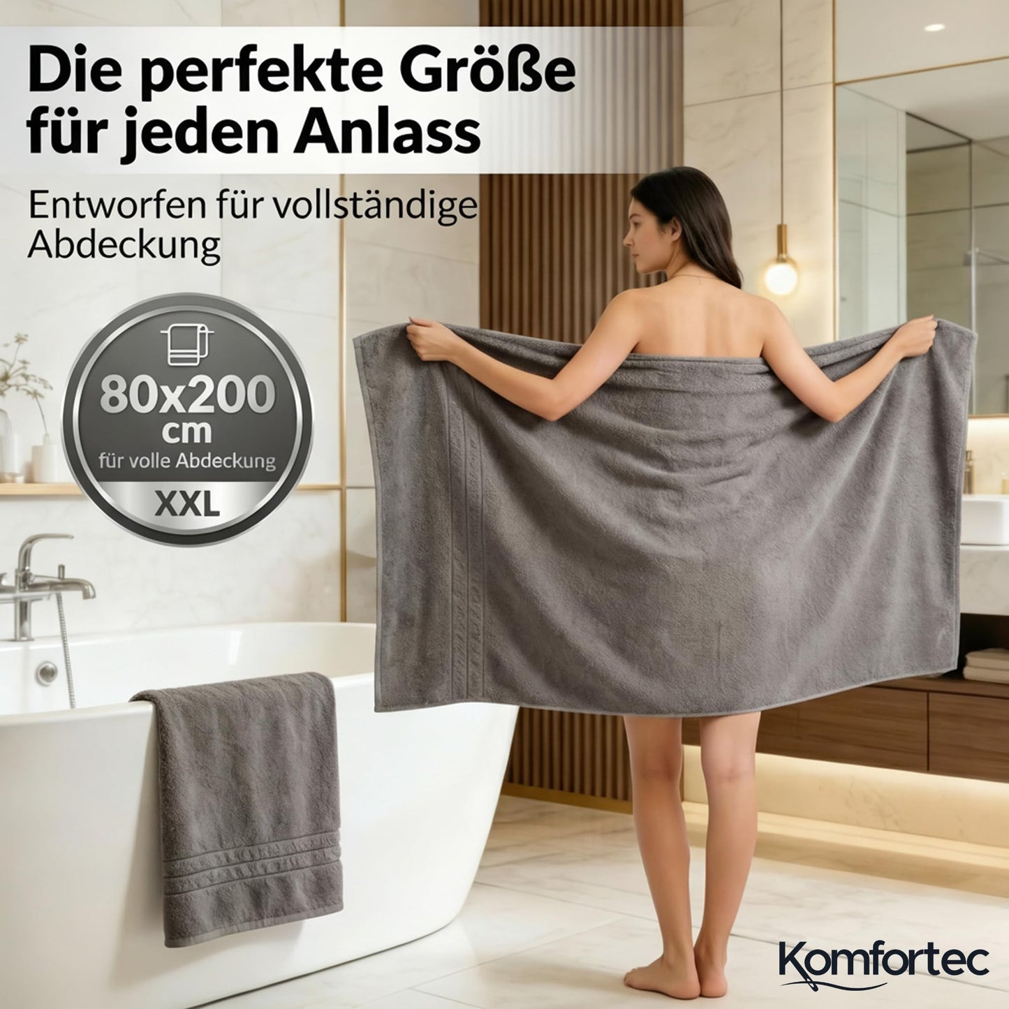 Komfortec Jumbo Bath Towels, 100% Cotton, Quick Dry, 80x200, Grey