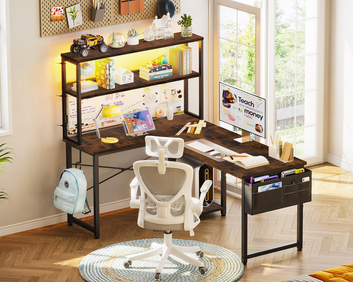 Coleshome L Shaped Gaming Desk with LED Lights & Power Outlet, Brown