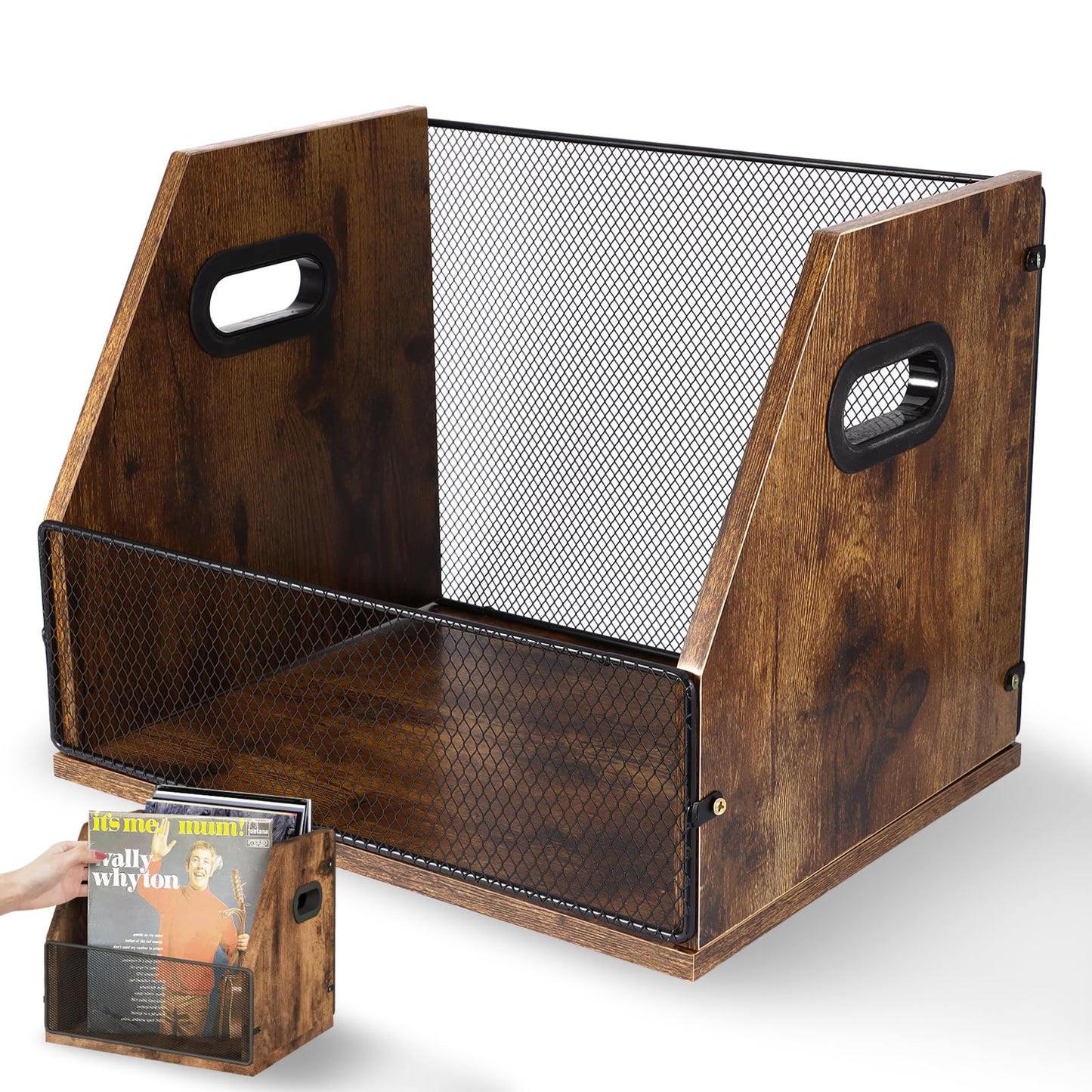 Bryzal Vinyl Record Storage Holder Wood Holds up to 60 Records with Handle