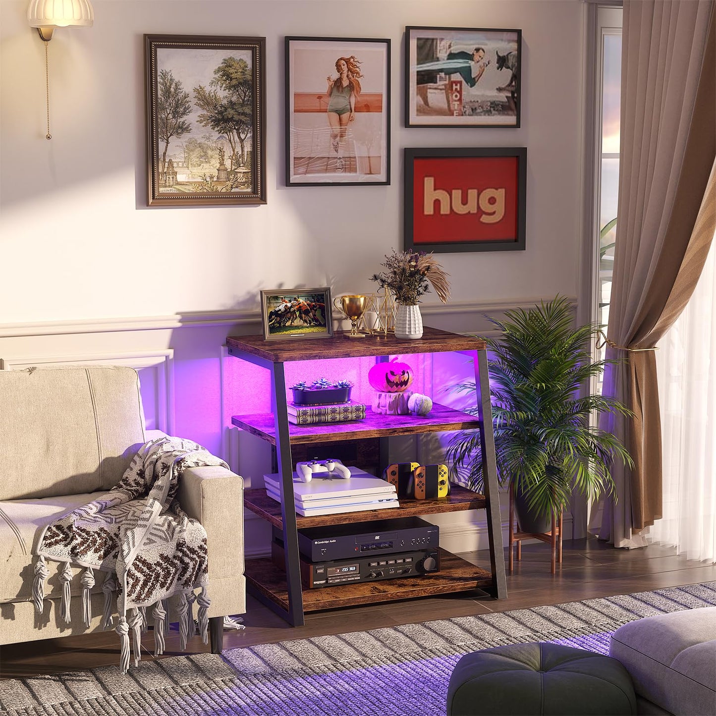iSunirm HiFi Stand, AV Media Stand with Outlets, 4-Tier Media Console with LED Lights, Record Player Stand With Storage Shelves