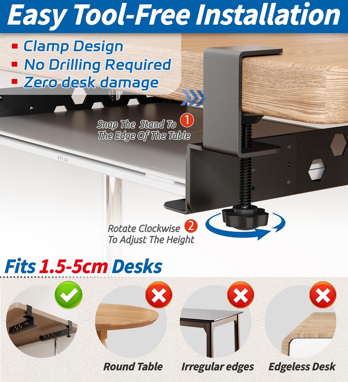 otuiaim Adjustable Under Desk Holder with Clamp for Desk - Steel Shelf