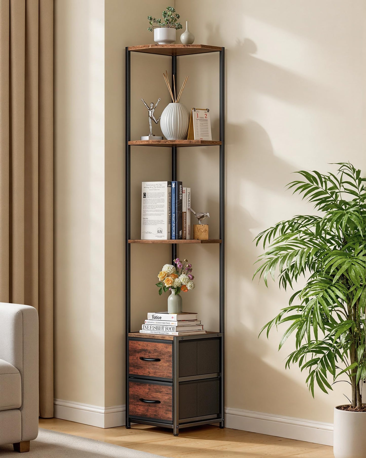 Housolution 6 Tier Corner Shelf Stand with Storage and Fabric Drawers,Brown