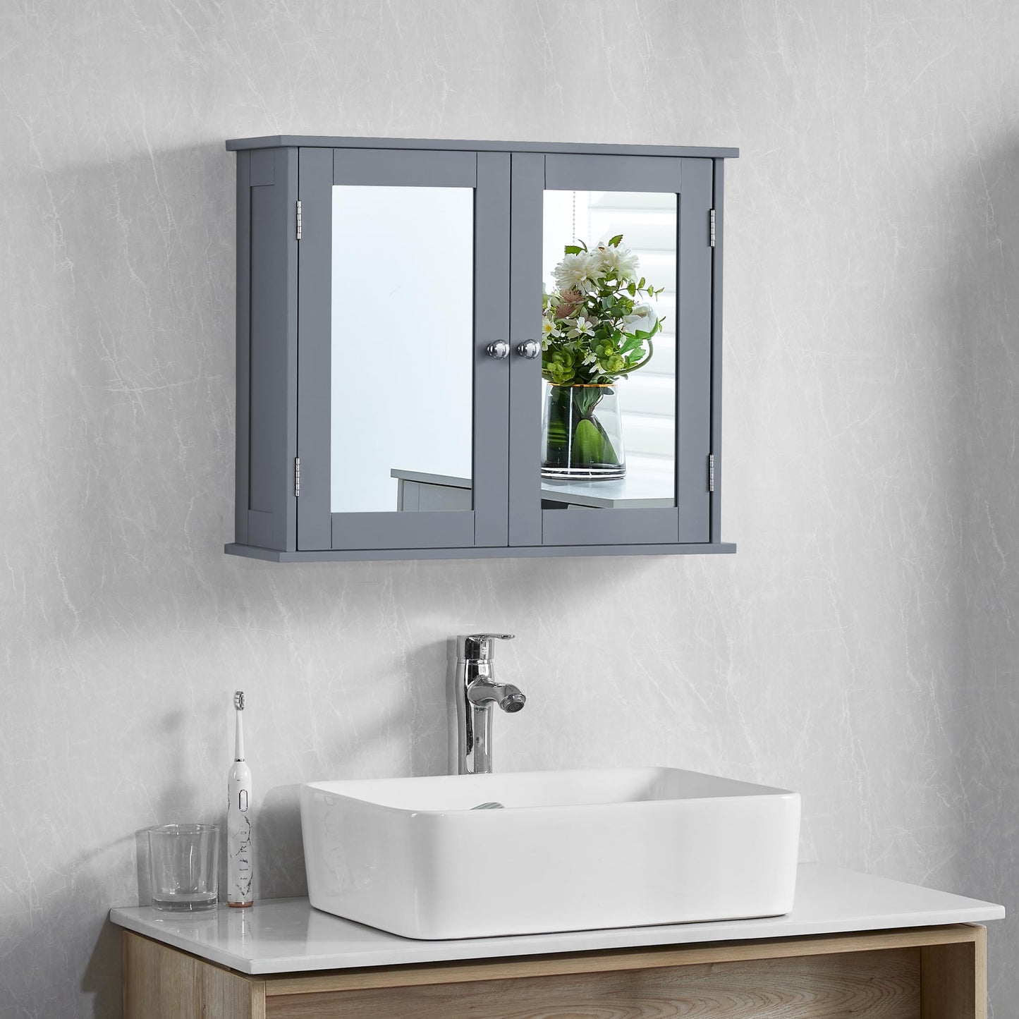 Bath Vida Priano 2 Door Bathroom Wall Cabinet | Grey | Space-Saving Storage | 60H x 60W x 15D cm | Adjustable Shelf | Modern Wooden Cupboard Unit