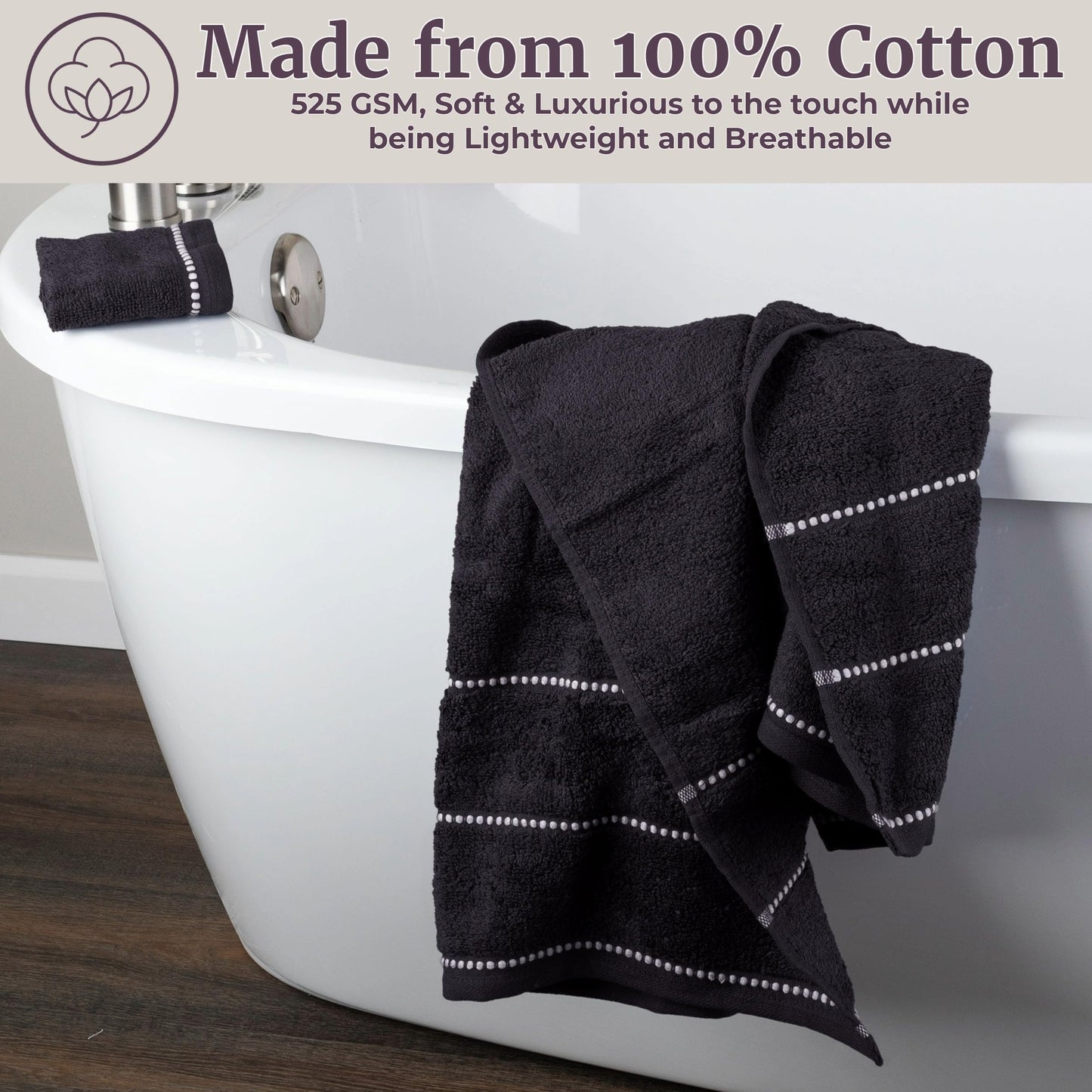 Lavish Home Luxury Cotton Towel Set- Quick Dry, Zero Twist and Soft 6 Piece Set With 2 Bath Towels, 2 Hand Towels and 2 Washcloths (Black/White)