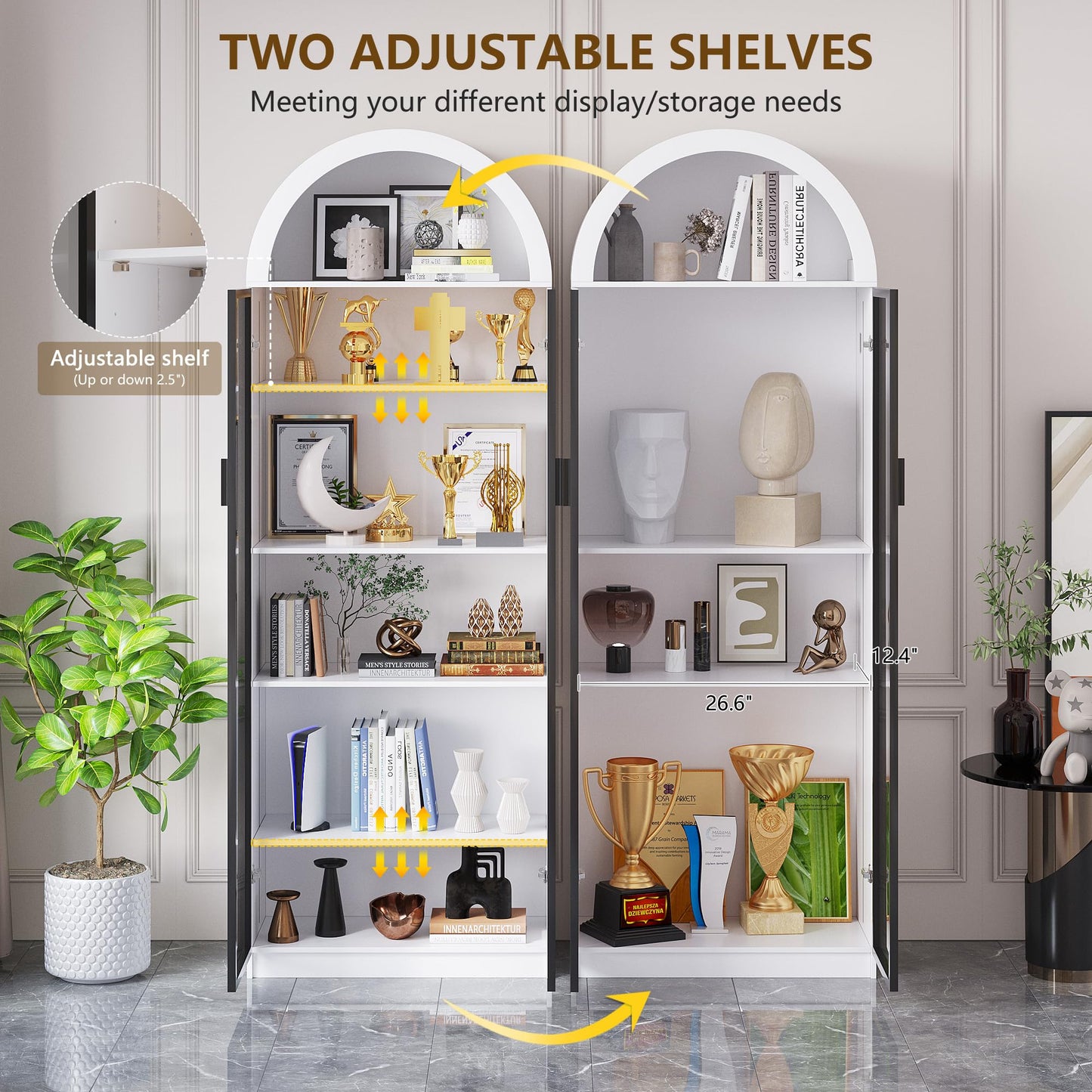 FREDEES Arch Display Cabinet with Doors and LED Lights, 195CM, White