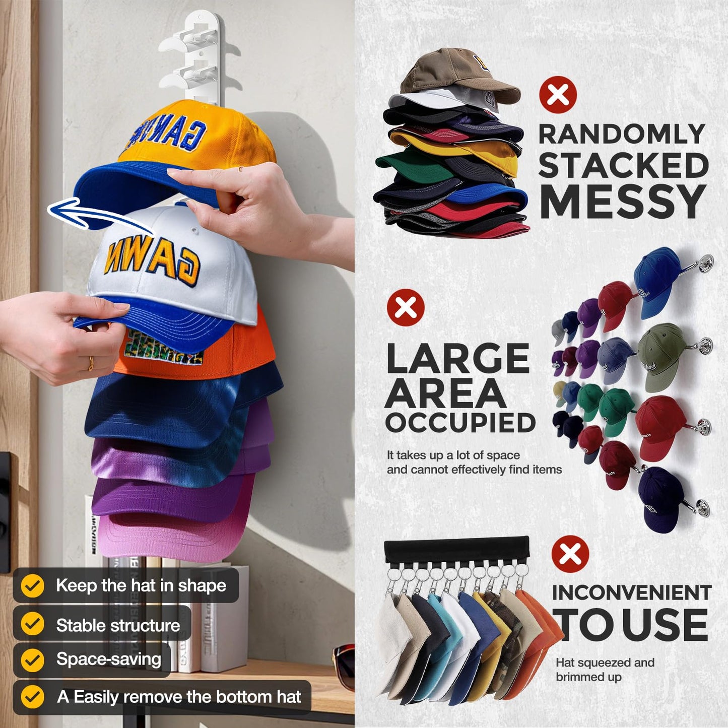 Jcocylse Hat Storage for Wall Mount – Baseball Cap Storage & Cap Holder, Space-Saving Hat Rack with Hooks for Hanging Caps (White)