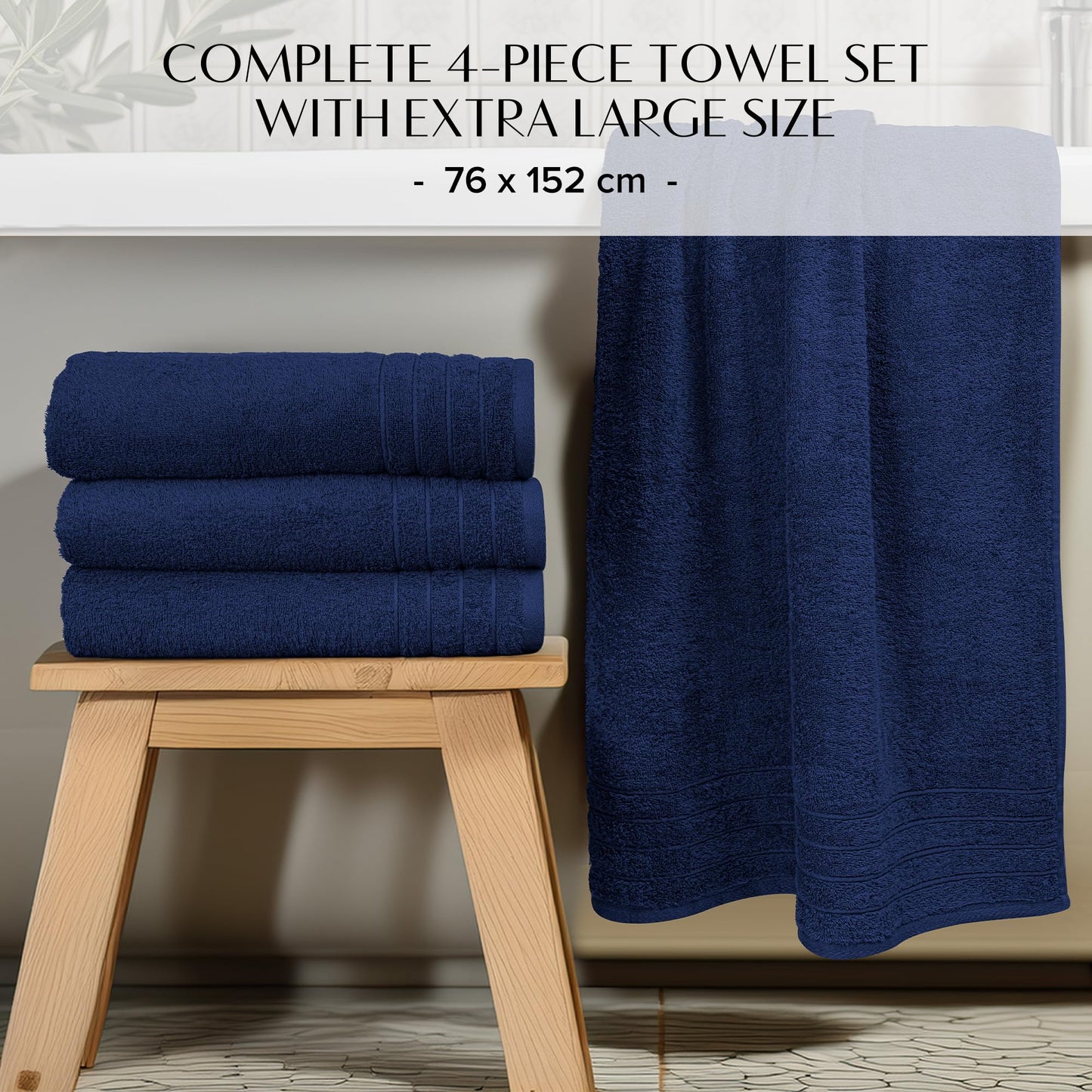 100% Cotton Extra Large Bath Towels Set of 4 (76x152cm) Navy - 450 GSM