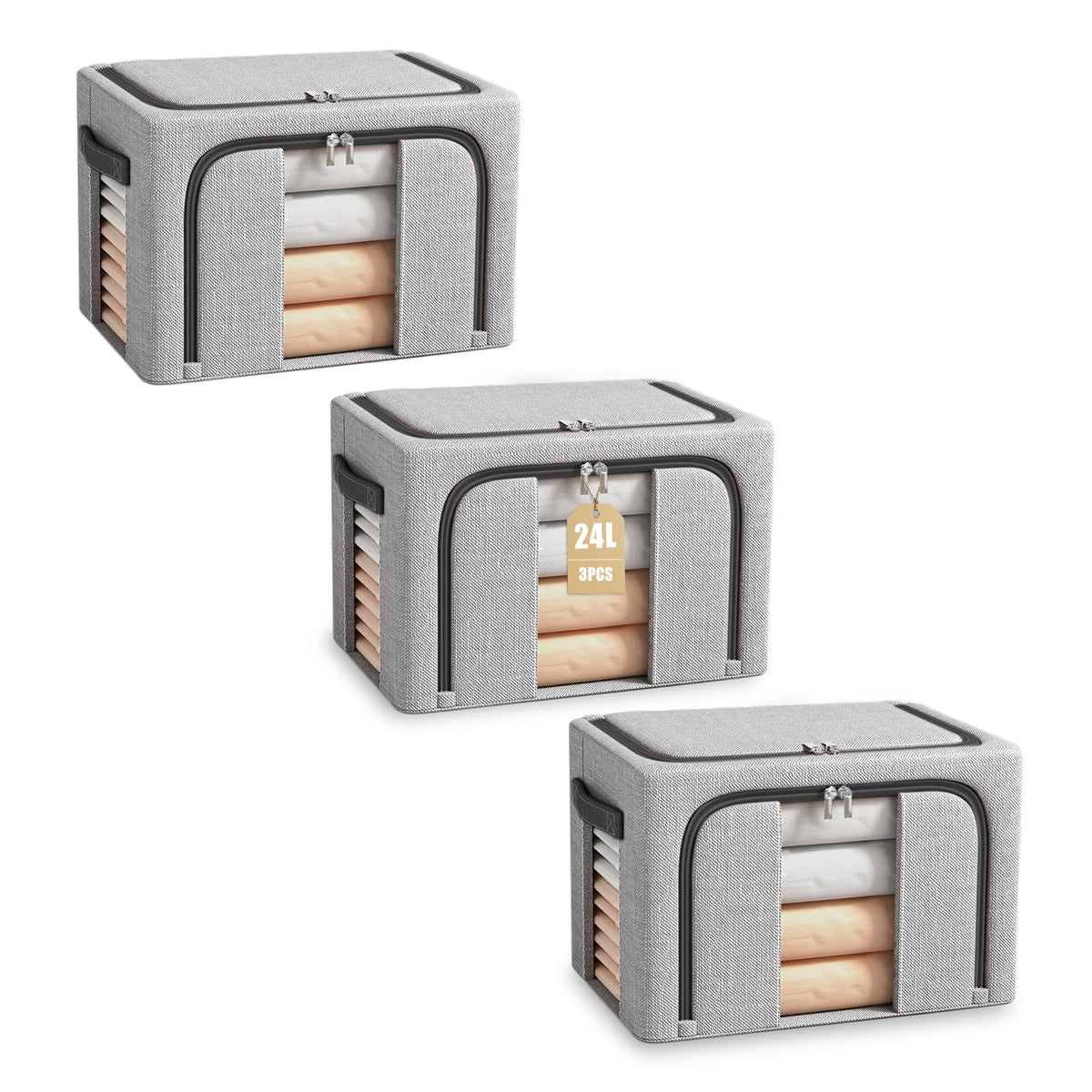 BOUDOI Foldable Storage Box, 3 Pack Clothes Storage Boxes With Double Opening Zip And Clear Window, Sided Zip Top Lid