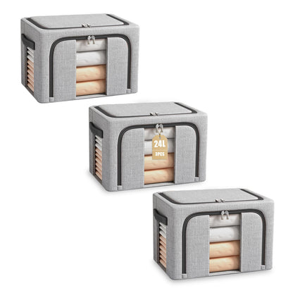 BOUDOI Foldable Storage Box, 3 Pack Clothes Storage Boxes With Double Opening Zip And Clear Window, Sided Zip Top Lid