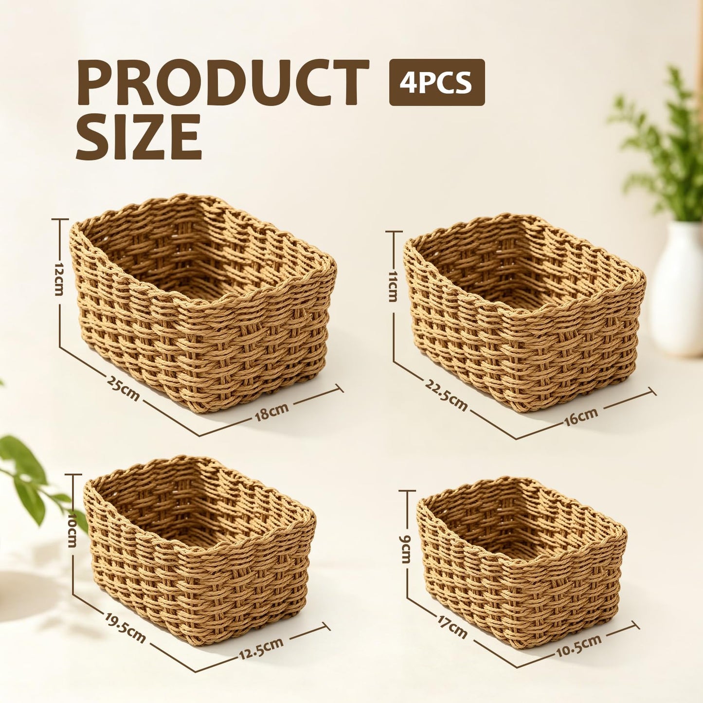 4PCS Woven Storage Baskets Set, Decorative Basket Organizer Storage Bins for Toys, Books, Clothes, Closet, Nursery, Bathroom