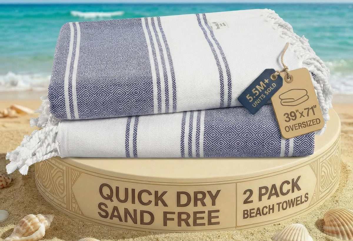 LANE LINEN Beach Towel 2 Pack - Cotton Rich Beach Towels Oversized, Pre-Washed Large Beach Towels, Sandless Beach Towel, Quick Dry Travel Towel