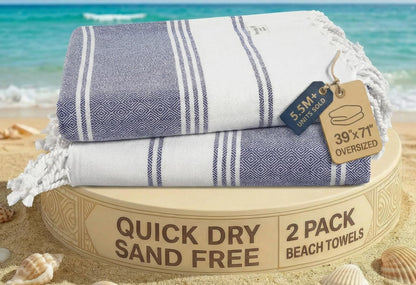 LANE LINEN Beach Towel 2 Pack - Cotton Rich Beach Towels Oversized, Pre-Washed Large Beach Towels, Sandless Beach Towel, Quick Dry Travel Towel