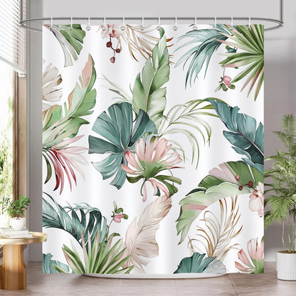 COZZSNUGE Tropical Leaves Shower Curtain, Sage Green Pink Palm Leaf Monstera Plant Nature Summer Bathroom Curtain 180 x 180 cm