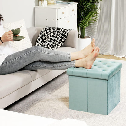 Bonlife Velvet Foldable Storage Ottoman Cube,Green Footstool with Lid,40cm