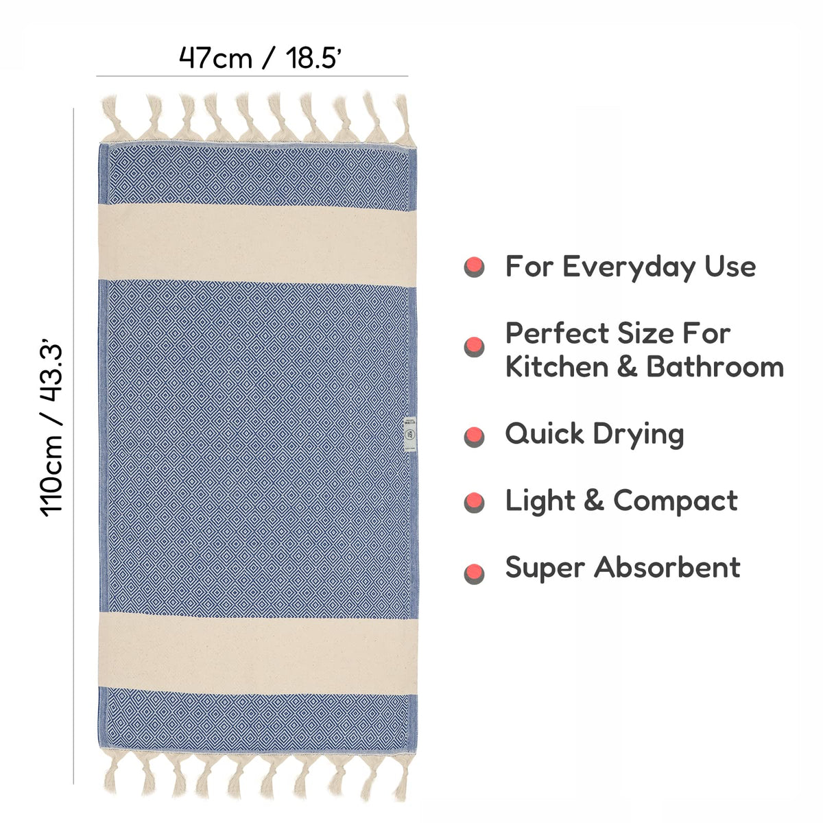 KZY LONDON Turkish Hand Towel Set of 2 - Towel for Kitchen and Bathroom - 50x100cm, 18,5x40 Inches