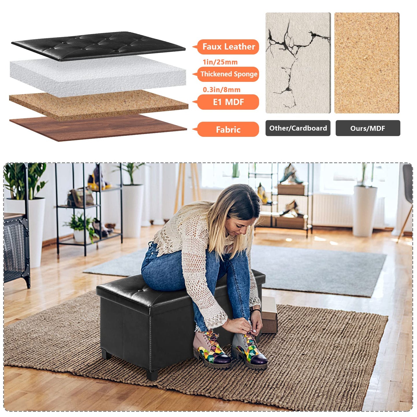BRIAN & DANY Ottoman Storage Box with 4 Wood Legs, Faux Leather Storage Ottoman, Ottomans for Living Room, Black, 76 x 38 x 38 cm