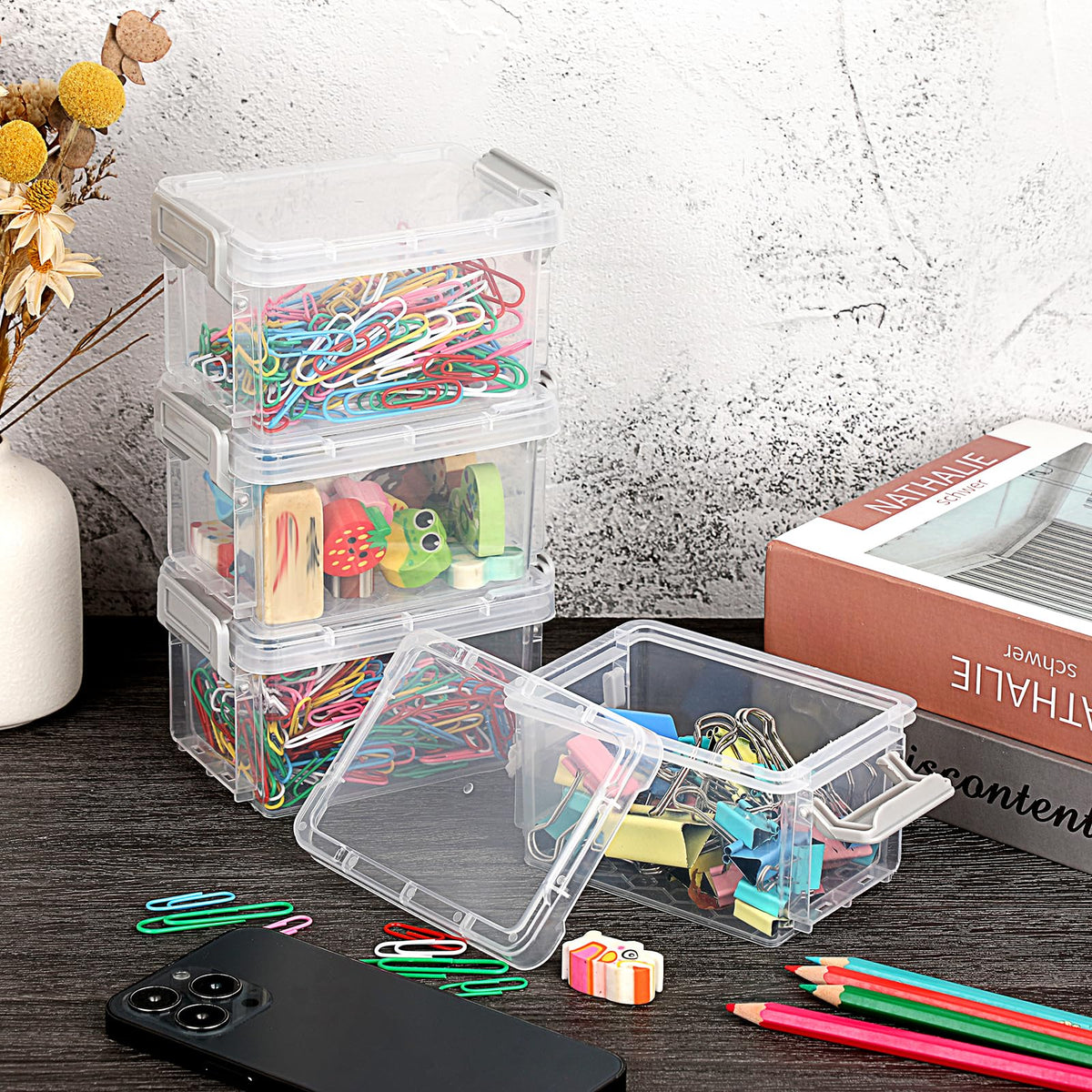 BSTKEY 10pcs Plastic Small Storage Containers with Lid, Clear 12*8*7cm