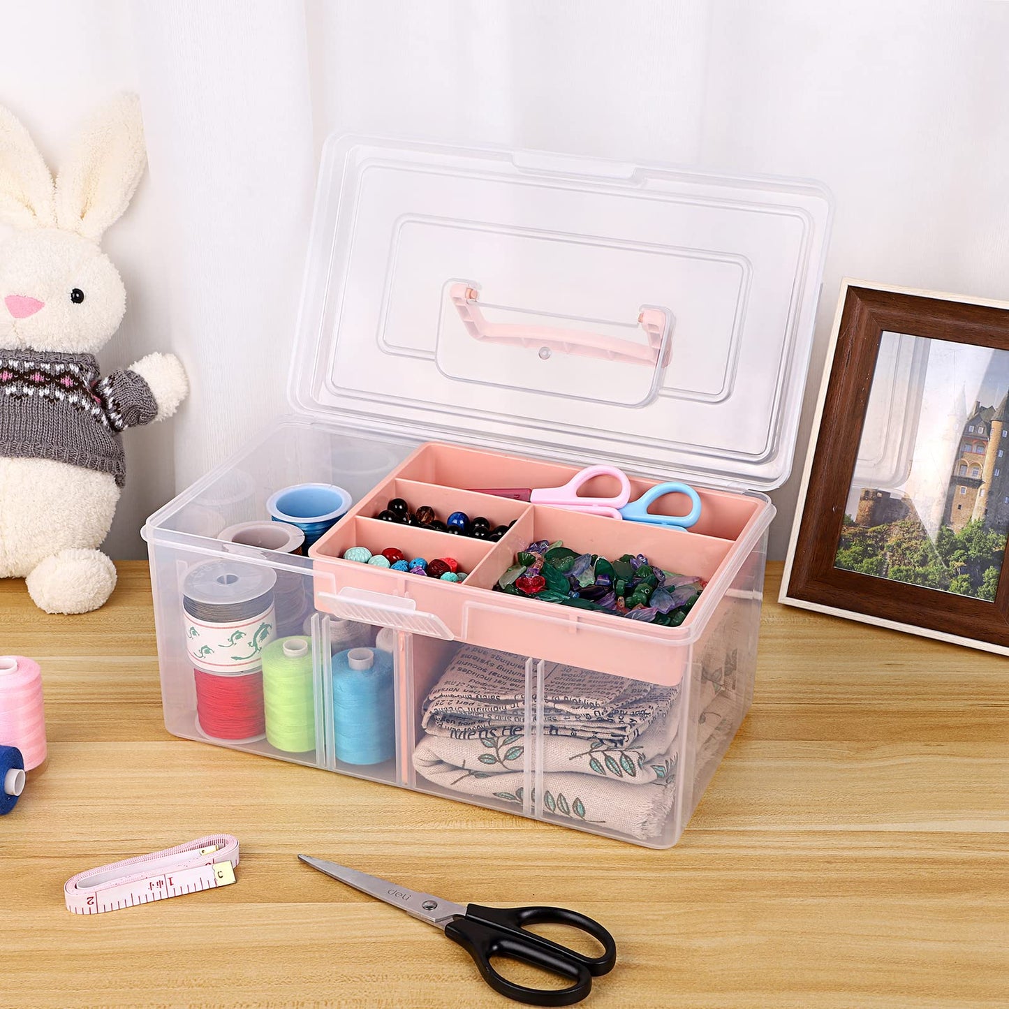 IGNPION Craft Storage Box with 7 Compartments, Plastic Organiser Box, Pink