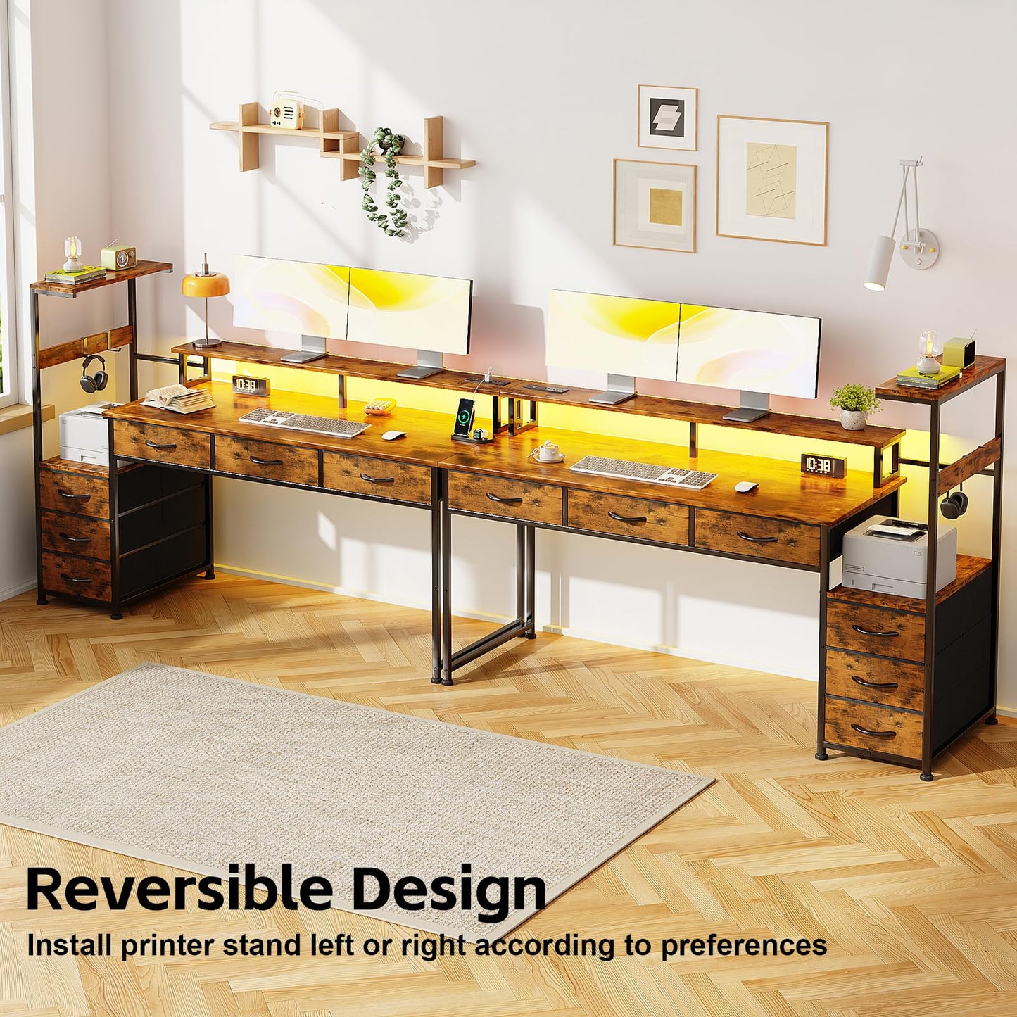 WEMANER 151cm Computer Desk with 6 Fabric Drawers, Reversible Home Office Desk with Printer Cabinet, Writing Desk with Monitor Stand & Power Outlets