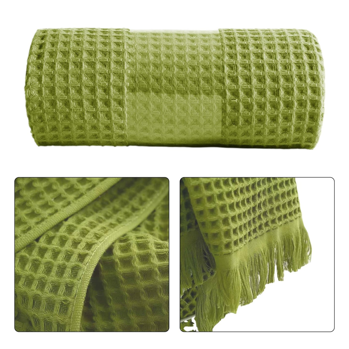 Jamron Pure Cotton Waffle Bath Towel Quick Dry Soft 180x90cm Large Bath Sheet Tassel Shawl SN079108 Green