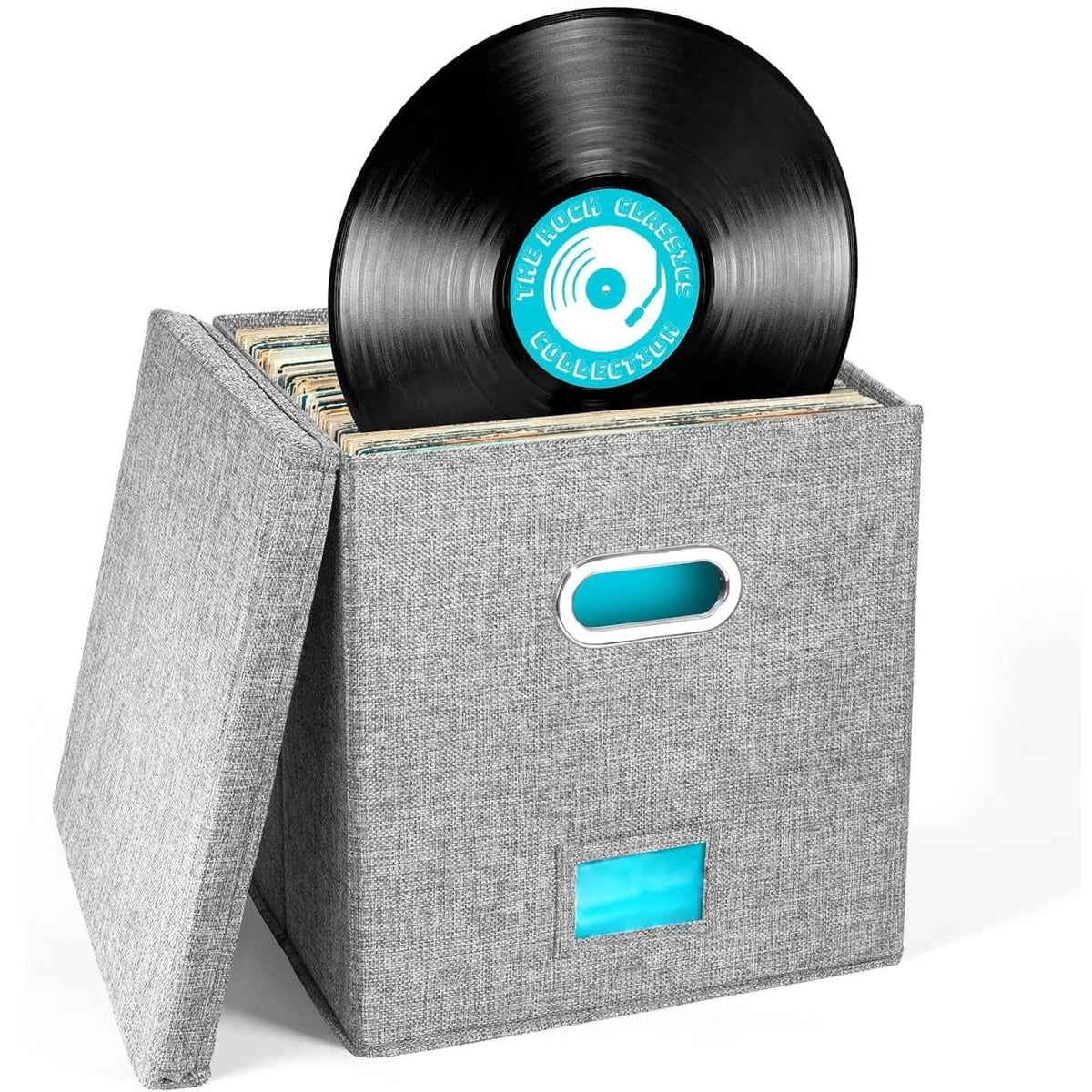 flaxarne Decorative Vinyl Record CD Storage Box with lid and Reinforced Handle Collapsible Storage Box for 50+ Single LPs 33 * 33 * 33cm