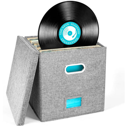 flaxarne Decorative Vinyl Record CD Storage Box with lid and Reinforced Handle Collapsible Storage Box for 50+ Single LPs 33 * 33 * 33cm