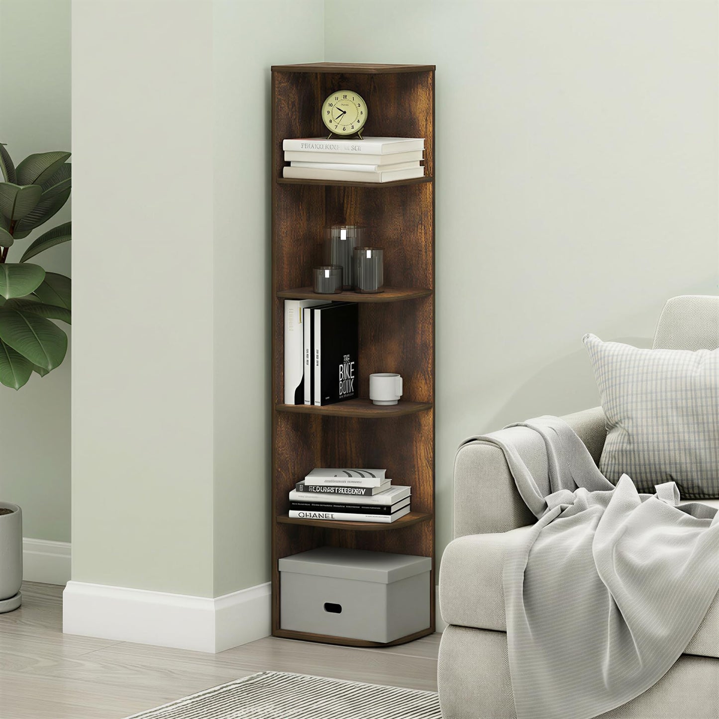 Furinno PASIR Book Shelf, 5-Tier Corner Bookshelf with Open Shelf, Standing Bookcase, 23.6 x 30.5 x 131.3 cm, for Organization and Storage