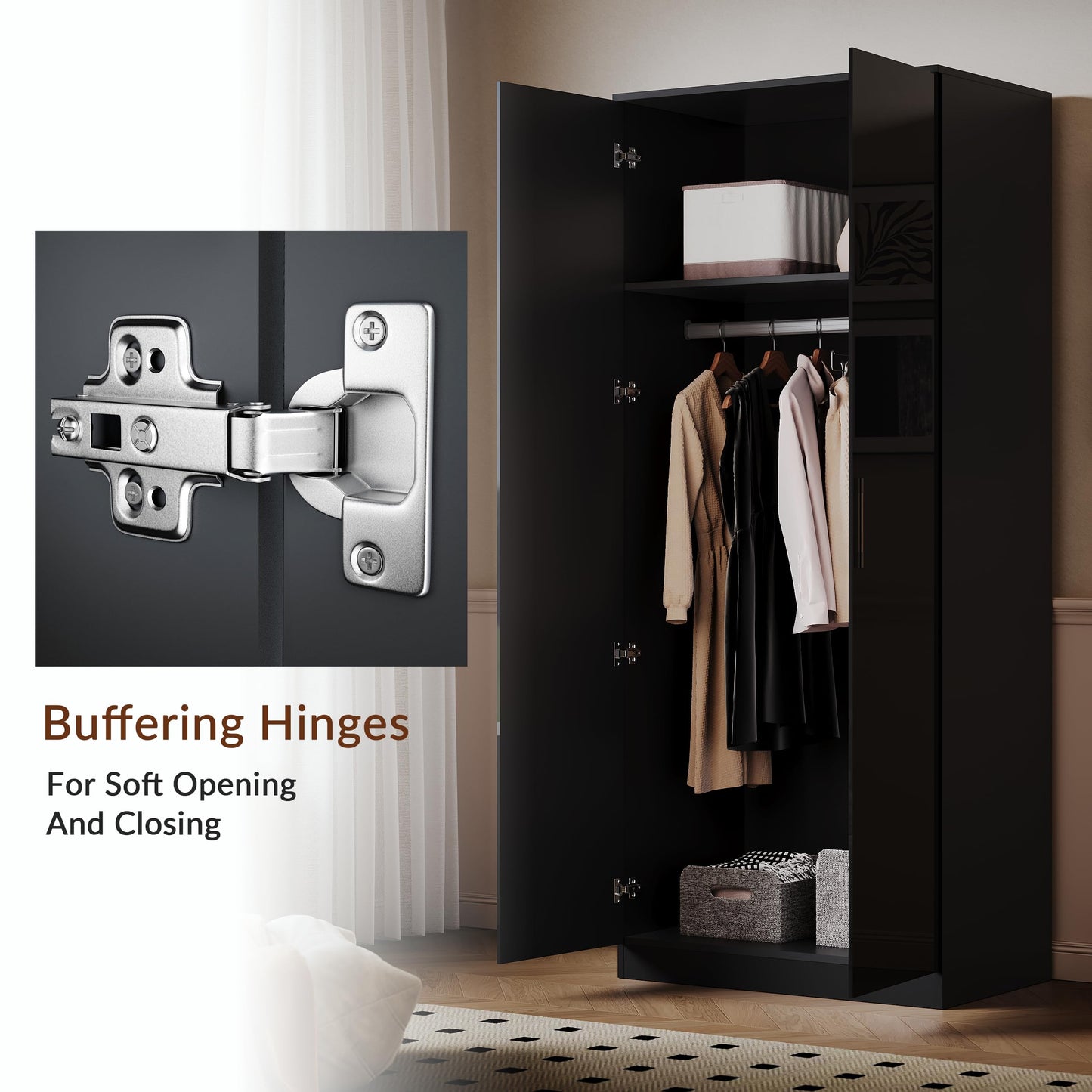 ELEGANT 2 Door Wardrobe High Gloss Black with Hanging Rail, 178x76x47cm