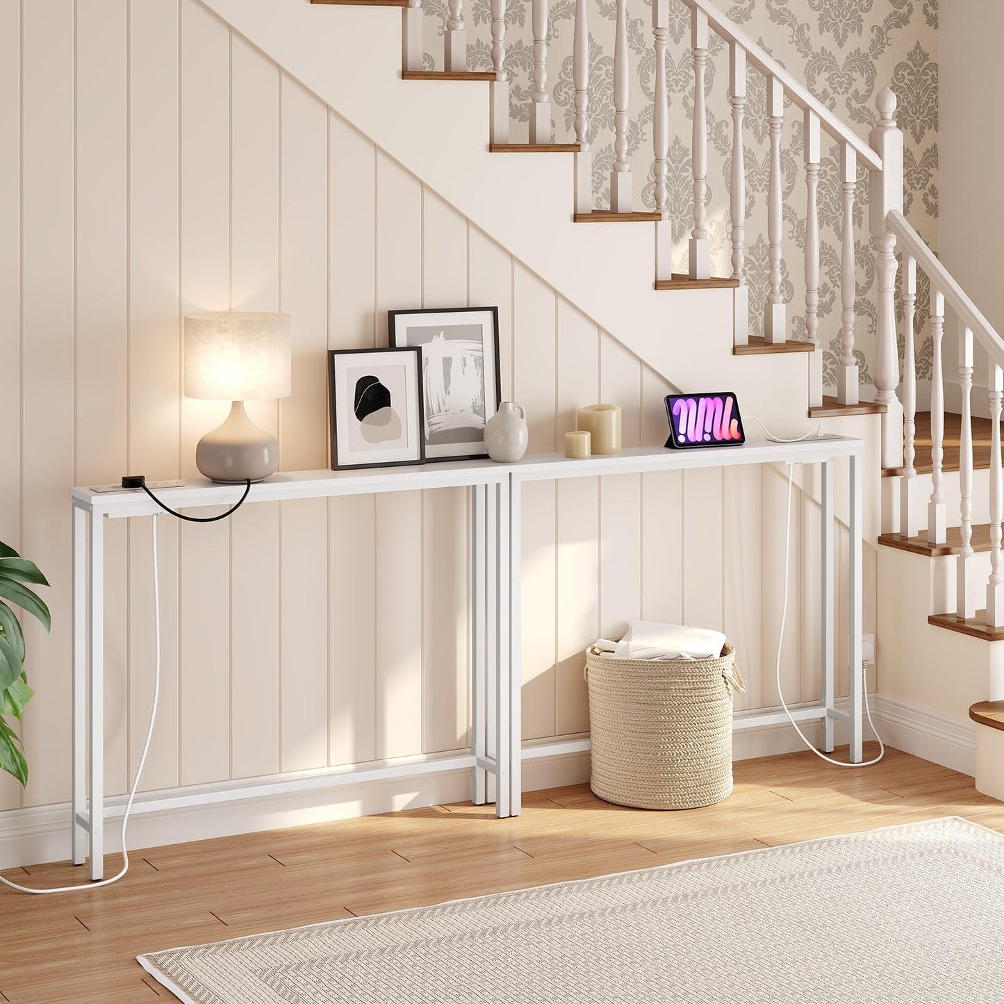 HOOBRO Slim Console Table with Charging Station, Hallway Table with USB Ports and Power Outlets, 100 cm Long, Narrow Behind Sofa Table, for Entryway,