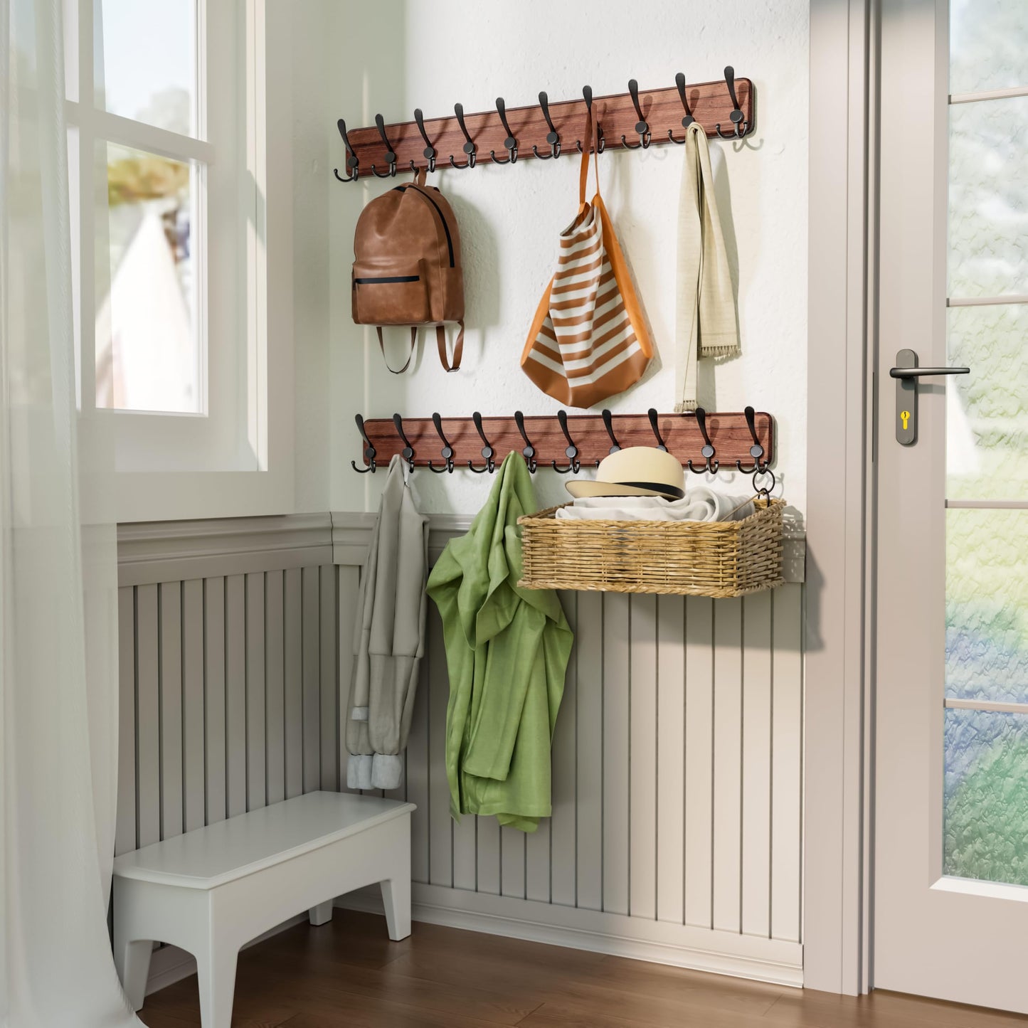 SKOLOO Coat Rack Wall Mounted - 38.3'' Long, Pack of 2, Wooden, Heavy Duty, Rustic Coat Hooks for Wall