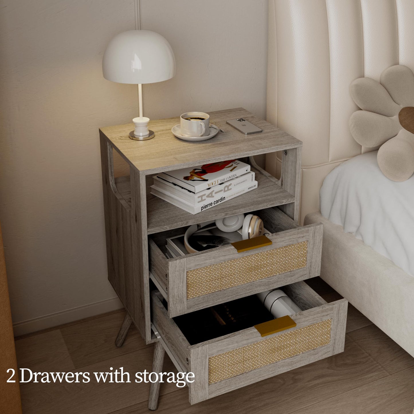 JERX Rattan Bedside Table, Farmhouse Nightstand with 2 Storage Drawer and Open Wood Shelf, for Bedroom and Small Spaces