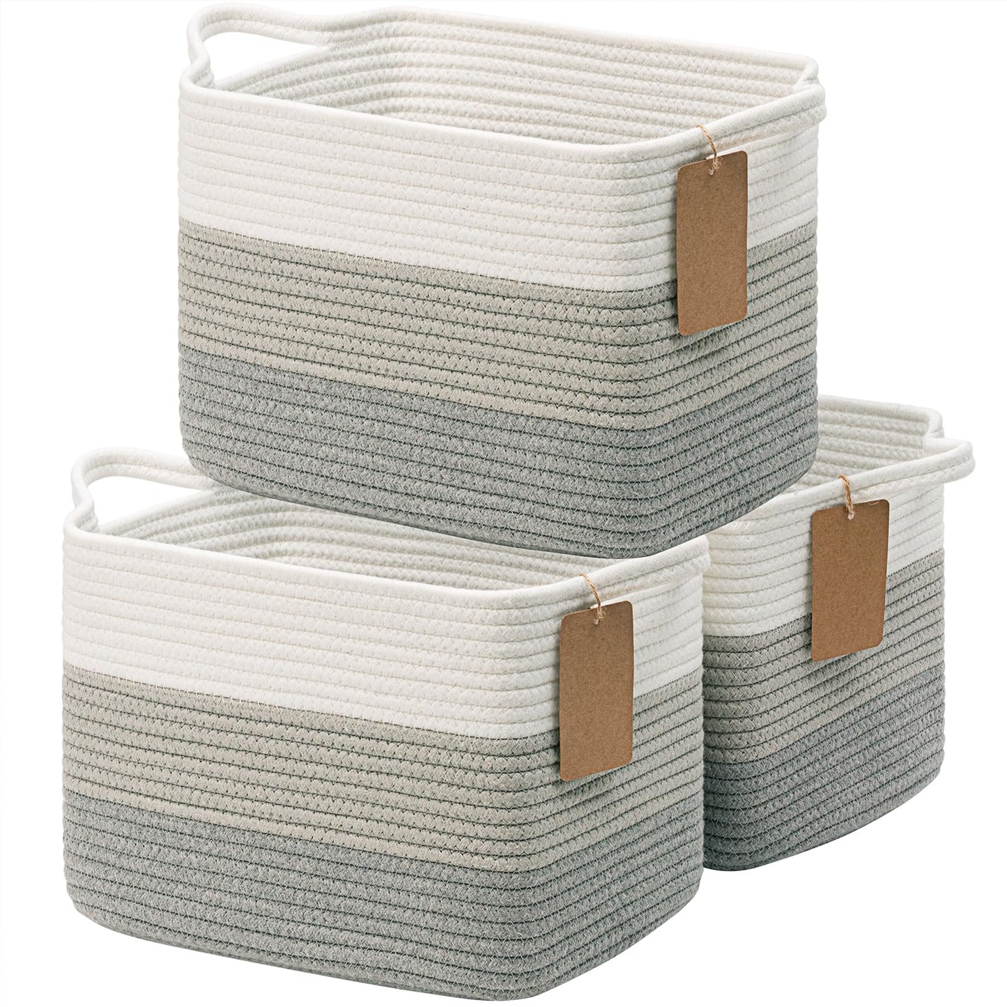 TIMEYARD Woven Storage Basket Cotton Rope Shelf Basket with Handles Grey
