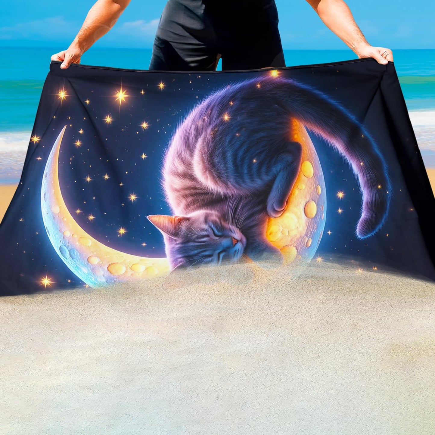 Violetpos Starry Moon Grey Cat Beach Towel for Kitty Lovers, Extra Large 180x90 cm 250GSM Microfibre, Sand Free Quick Dry