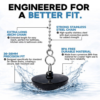 Smith’s® 36mm-38mm Black Plug & Chain - Bathtub, Bathroom, & Kitchen Sink Plug | 48cm Strong Stainless Steel Ball Chain With S-Hooks