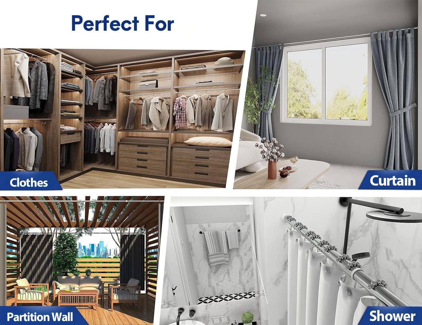 MEISENBERG Shower Curtain Pole Stainless Steel Silver, Tension Rods for Curtains 260-310 cm - Ø 32 mm Diameter, Heavy Duty Tension Pole Adjustable