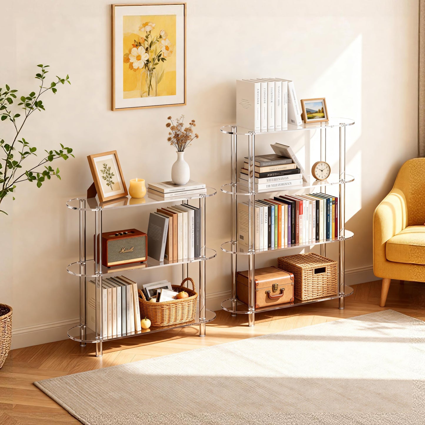 Clear Acrylic Bookshelf Bookcase, Narrow Oval, 3 Tier, 80 x 24 x 72 cm