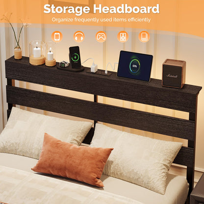 Bonnlo 4ft6 Double Bed Frame with Storage Headboard & LED Lights, 135x190cm, Metal Bed Frame with Charging Station USB/Type-C/2 Outlets