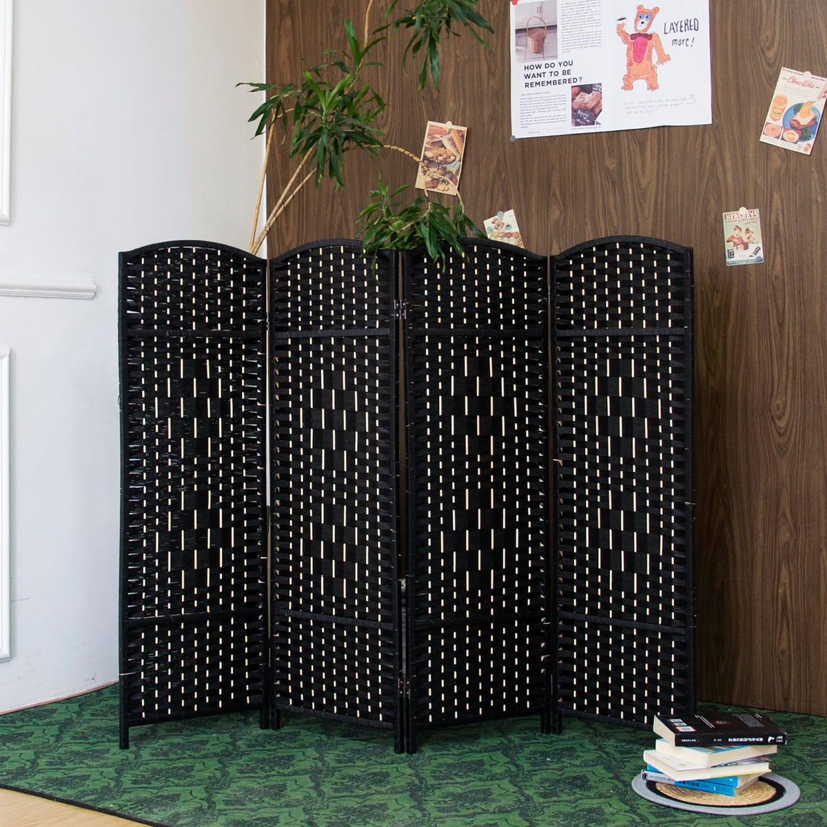 Furnnylane 4 Panel Black Rattan Divider Short Room Partition Screen,Double Sided Short Folding Divider for Room Separation,120 cm Tall