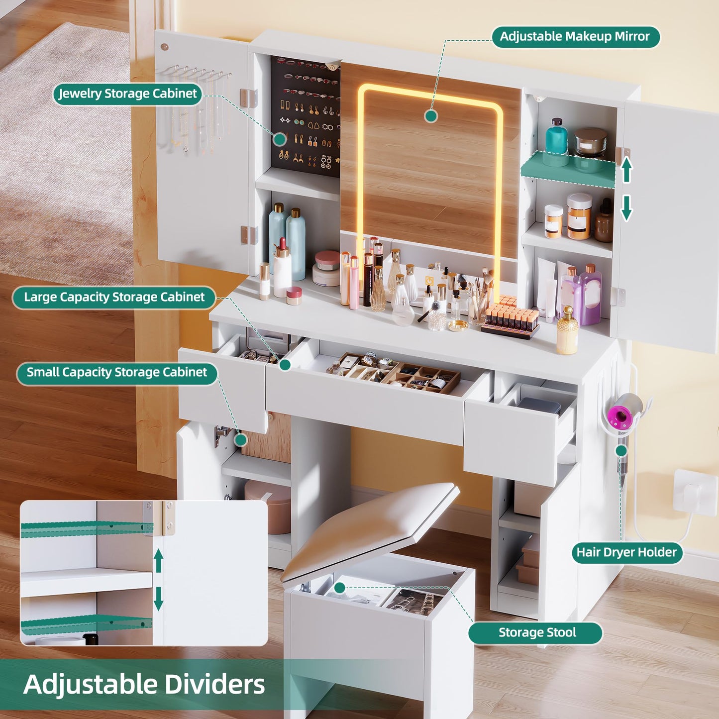 YITAHOME Dressing Table with Mirror and Stool, Vanity Desk with Mirror and Drawers White Dressing Table with LED Lights Jewelry Storage