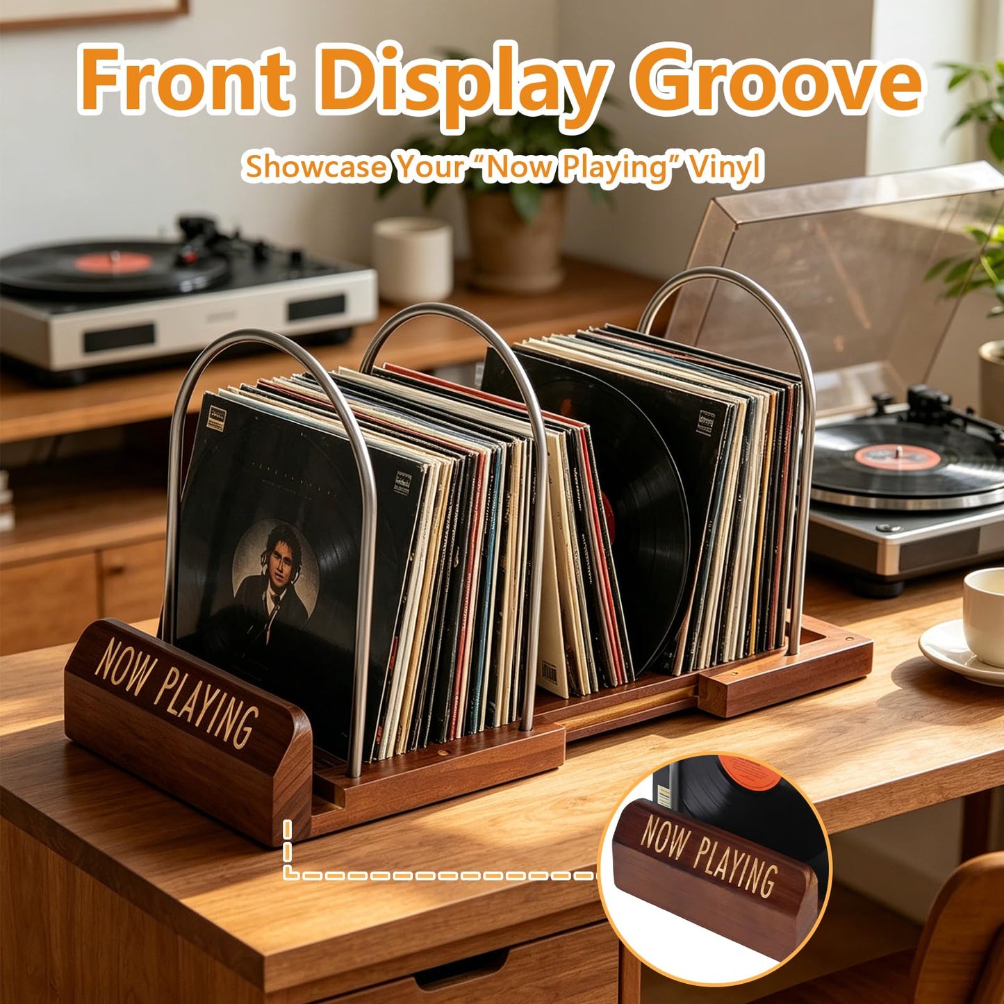 Yalitrca Adjustable Vinyl Record Storage Stand, Expandable LP Holder for 30–70 Albums, Wood & Metal Record Rack with Now Playing Display