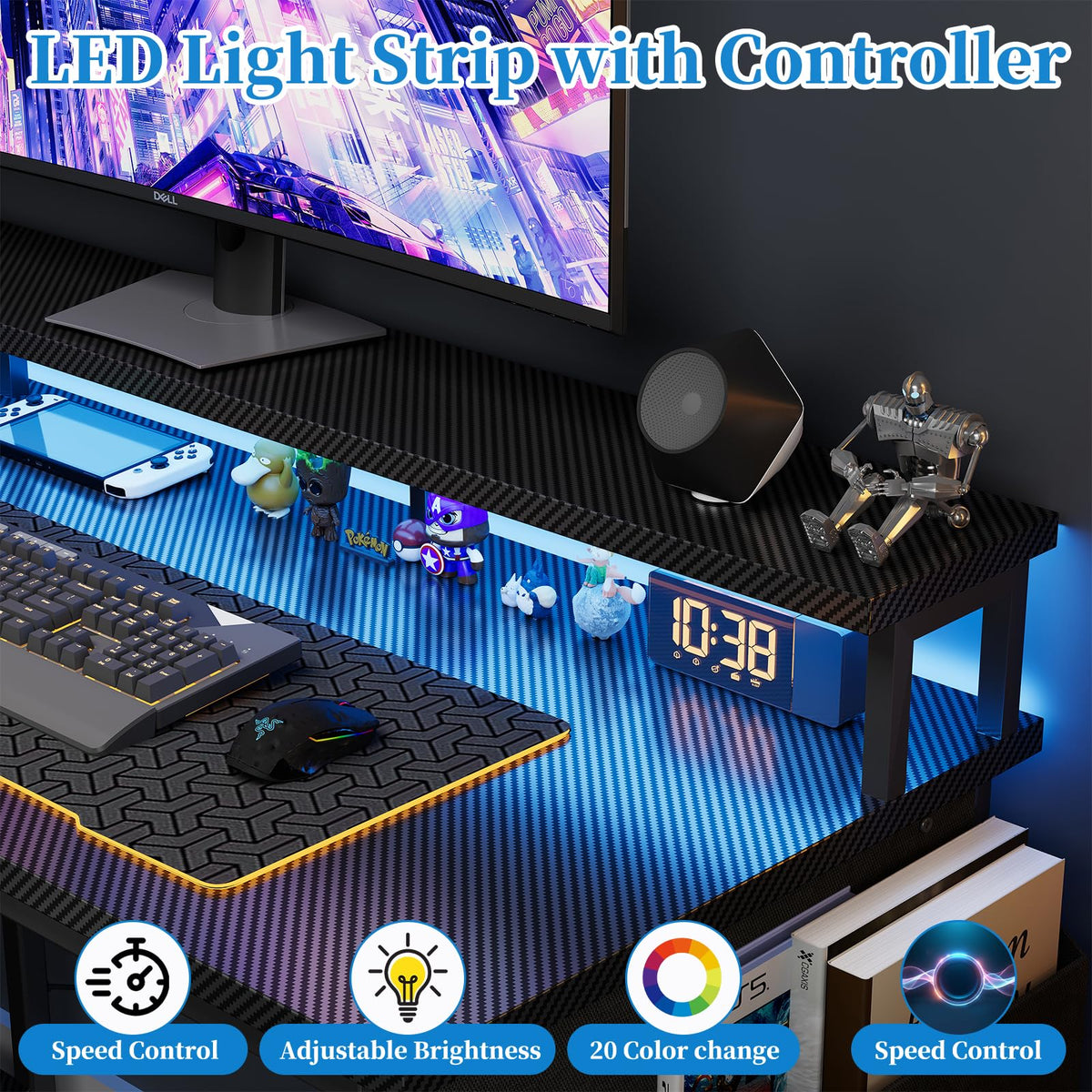 Grandder 100cm Reversible L-Shaped Gaming Desk with Power Sockets & LED Lights, Carbon Fibre Computer Table with Long Monitor Stand