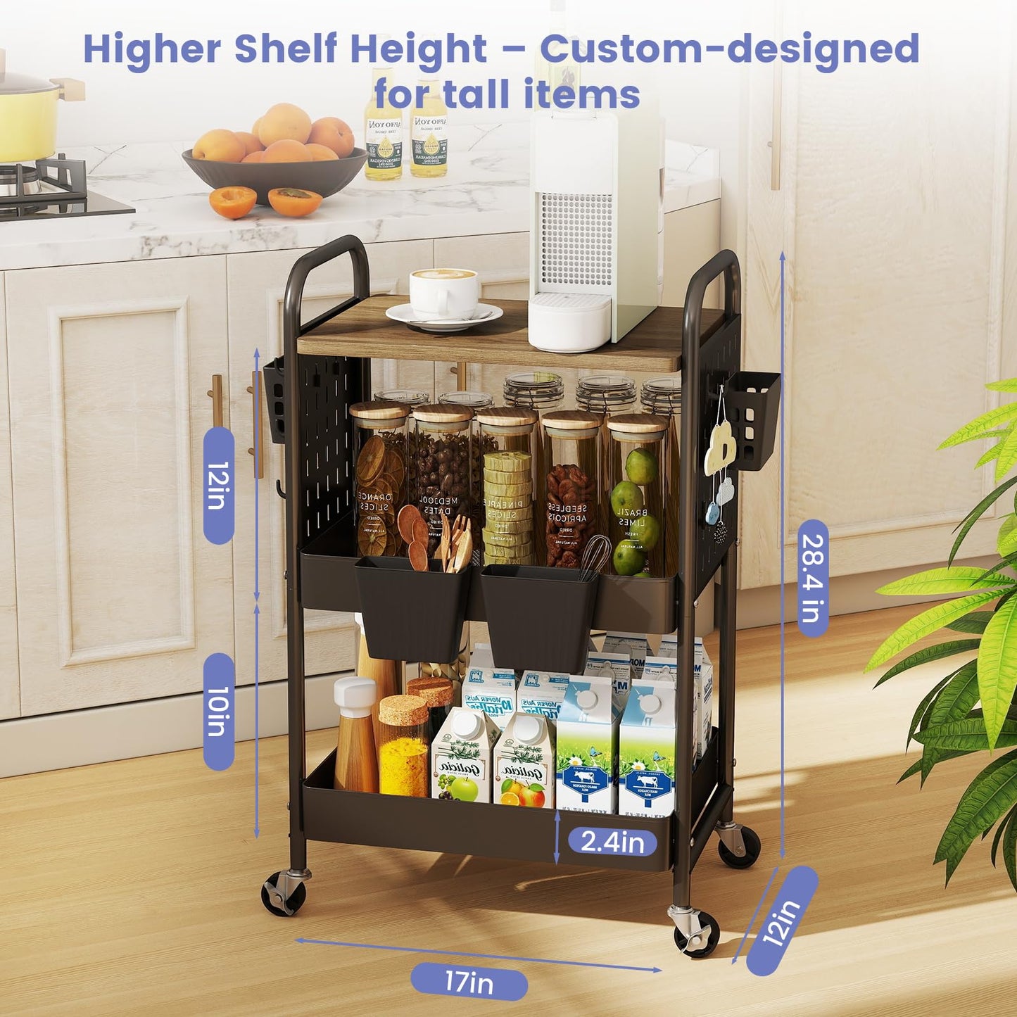 danpinera 3 Tier Rolling Cart, Metal Utility Cart with Wooden Table Top & DIY Pegboard, Rolling Carts